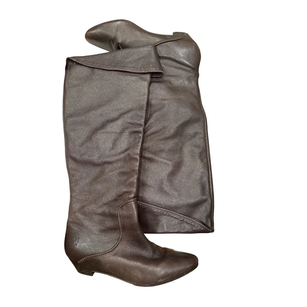 FRYE Sunny Tall Cuff VL Women Boots Brown Leather Knee‎ High Wedge Size 10